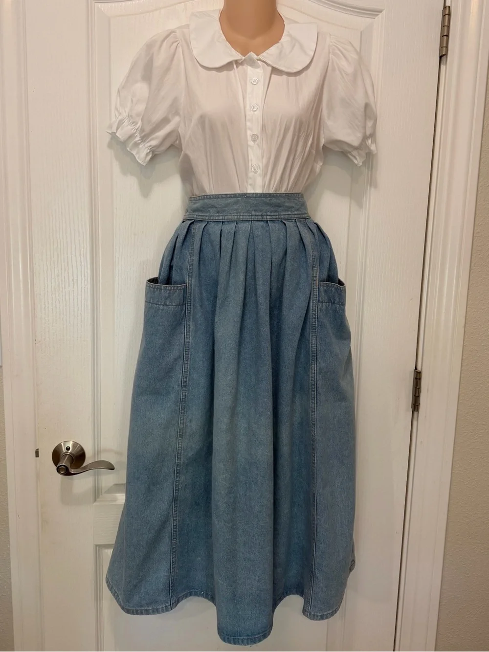 VTG 80s 90s LizWear Denim High Waist Full Pleated Skirt Cottagecore Prairie, M - Picture 5 of 15